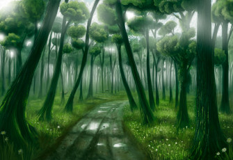 Картинка фэнтези пейзажи пейзаж олени деревья дорога лес