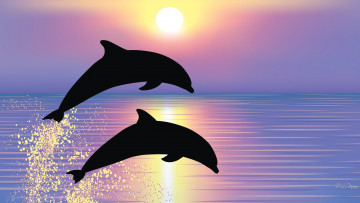 обоя рисованные, животные,  дельфины, океан, брызги, дельфины, закат