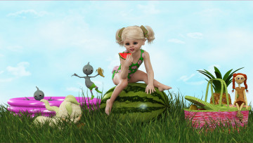Картинка 3д+графика people+ люди девочка лето корзина игрушку трава арбуз