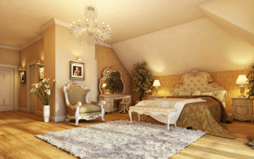 Картинка 3д+графика realism+ реализм спальня дизайн кровать люстра
