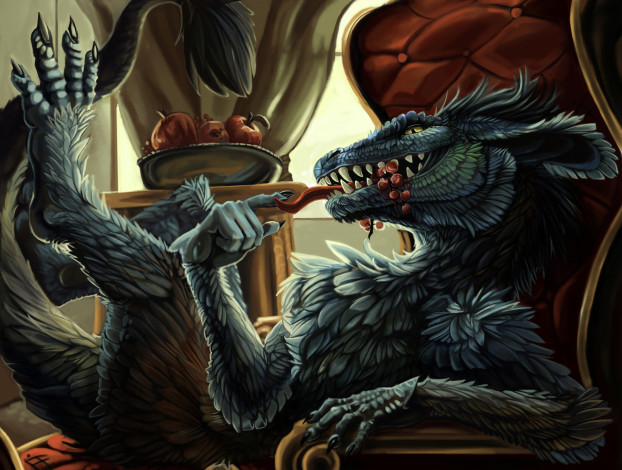 Обои картинки фото фэнтези, драконы, существо, монстр, чудовище, стол, ваза, фрукты