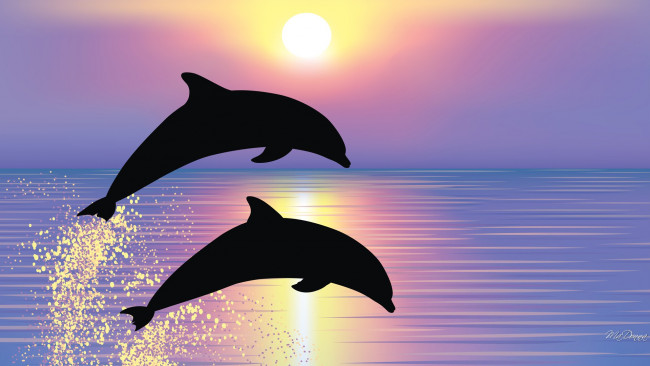Обои картинки фото рисованные, животные,  дельфины, океан, брызги, дельфины, закат