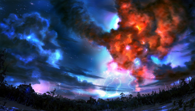 Обои картинки фото фэнтези, пейзажи, молнии, небо, вспышки, взрывы