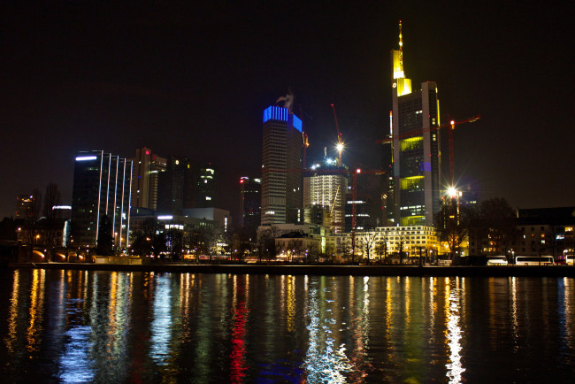 Обои картинки фото франкфурт на майне, города, - огни ночного города, дома, река, ночь, огни