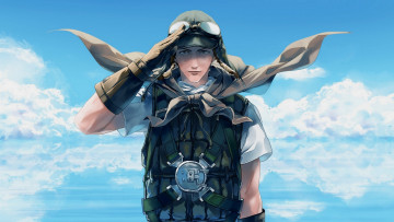Картинка аниме оружие +техника +технологии облака арт парень пилот очки небо