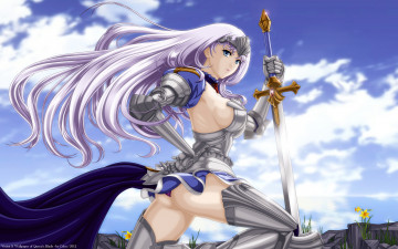 Картинка аниме queen`s+blade диадема броня цветы небо облака оружие меч воин доспехи девушка annelotte cilou