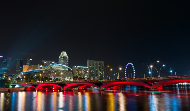 Обои картинки фото города, сингапур , сингапур, огни, мост, ночь, реки, дома