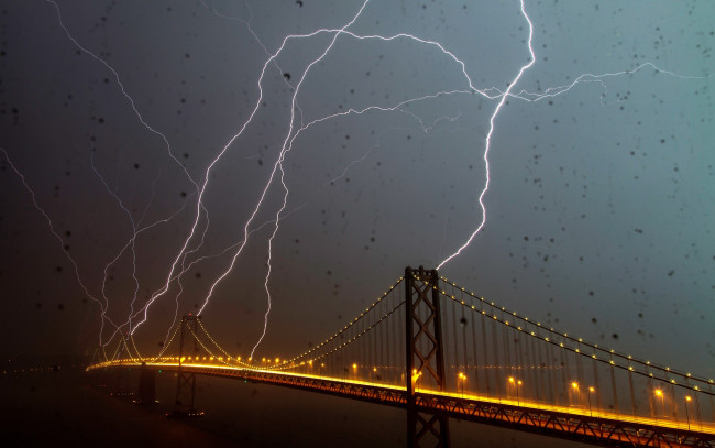 Обои картинки фото города, - мосты, освещение, мост, молнии, дождь, гроза