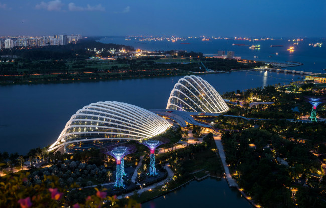 Обои картинки фото города, сингапур , сингапур, реки, панорама, ночь, огни, дома
