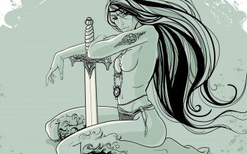Картинка рисованное люди татуировки меч волосы кулон девушка