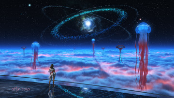 Картинка фэнтези иные+миры +иные+времена фантазия фантастика космос звезды облака медуза человек башня девушка арт