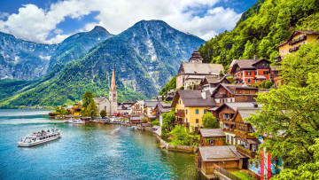 Картинка города гальштат+ австрия теплоход озеро горы