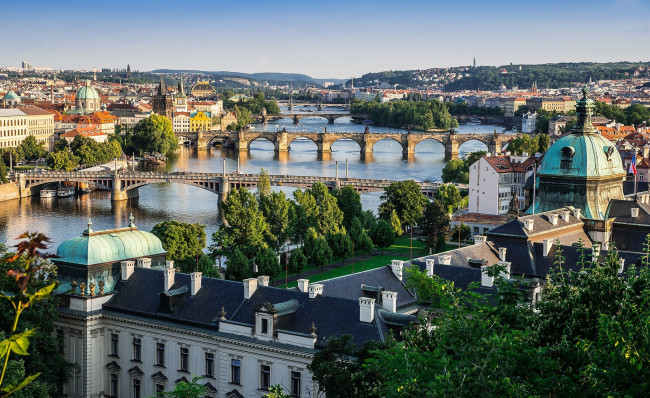 Обои картинки фото города, прага , Чехия, мосты, панорама, влтава, река