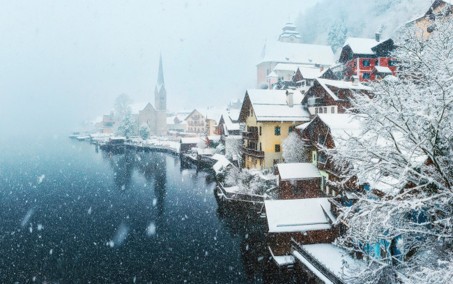 Обои картинки фото города, гальштат , австрия, озеро, снег, зима