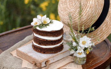 обоя еда, торты, шляпа, торт, цветы, букет