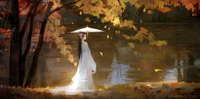 Обои картинки фото рисованное, люди, девушка, зонт, осень, озеро