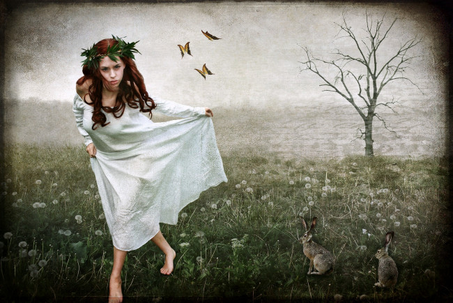 Обои картинки фото фэнтези, девушки, кролики, бабочки, нимфа, венок