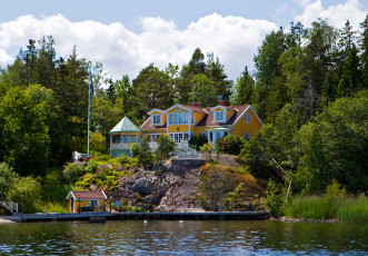 Картинка швеция svinninge города здания дома река берег лес