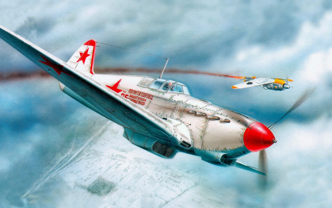 Обои картинки фото рисованные, авиация, воздушный, бой, зима, лагг-3, самолет