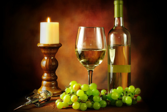 Обои картинки фото еда, напитки, вино, виноград, свеча
