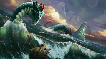 Картинка фэнтези существа волны море монстр окан чудовище морской змей корабль шторм