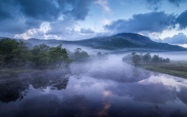 Обои картинки фото природа, реки, озера, река, гласлин, england, wales, afon, glaslyn, утро, туман, холмы, горы, уэльс, англия