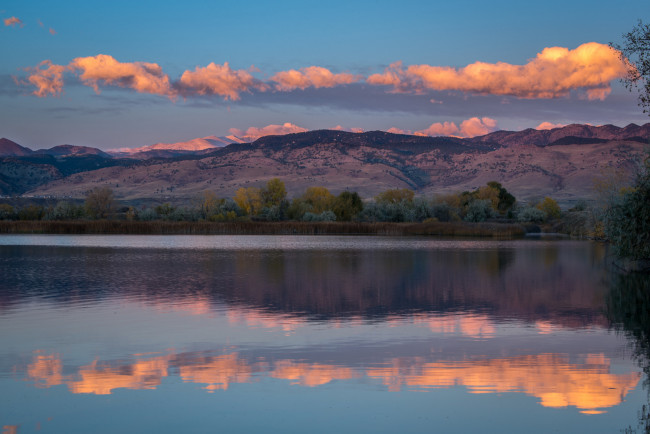 Обои картинки фото природа, реки, озера, отражение, облака, закат, горы