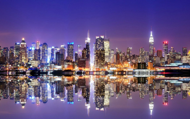 Обои картинки фото города, нью-йорк , сша, отражение, дома, здания, вечер, огни, город, небоскребы