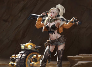 Картинка фэнтези девушки арт блондинка хвост девушка sci-fi поза взгляд оружие