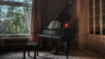 обоя музыка, -музыкальные инструменты, комната, рояль, окно, пианино, табурет, свеча