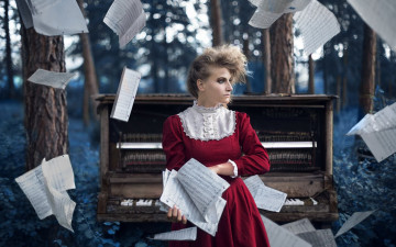 Картинка музыка -другое ноты пианино природа деревья взгляд девушка