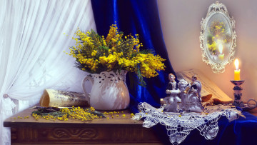 обоя цветы, мимоза, зеркало, букет, свеча