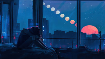 Картинка фэнтези девушки одиночество девушка город ночь окно строения