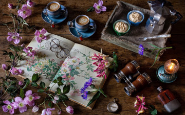 Картинка еда натюрморт книга цветы кофе кексы