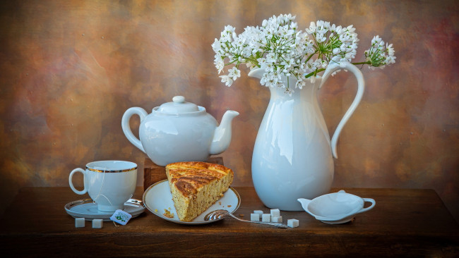 Обои картинки фото еда, натюрморт, сахар, чай, букет, пирог