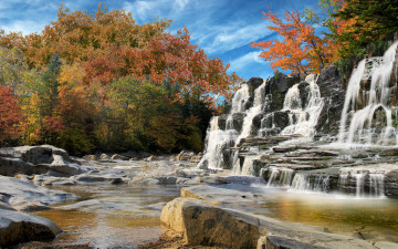 обоя fall, falls, природа, водопады, осень, деревья, берг, водопад, река