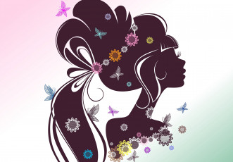 обоя векторная графика, люди, бабочки, фон, ресницы, цветы, силуэт, волосы, лицо, профиль, девушка