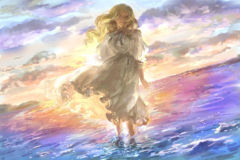 Картинка omoide+no+marnie аниме *unknown+ другое девушка marnie omoide no mukuinu арт ветер платье море волны