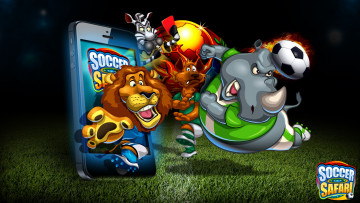 Картинка soccer+safari видео+игры животные звери поле мяч собака футбол игра телефон трава носорог лев зебра