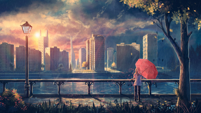 Обои картинки фото рисованные, живопись, дождь, зонт, листва, дерево, девушка, город, фонарь