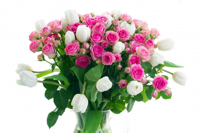 Обои картинки фото цветы, букеты,  композиции, розы, тюльпаны, белый, розовый