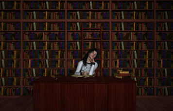 Картинка 3д+графика люди+ people задумчивость полки библиотеки девушка книги стол фон взгляд