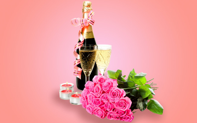 Обои картинки фото еда, напитки,  вино, glass, flowers, roses, champagne, valentine's, day, romantic, шампанское, розы, бокалы