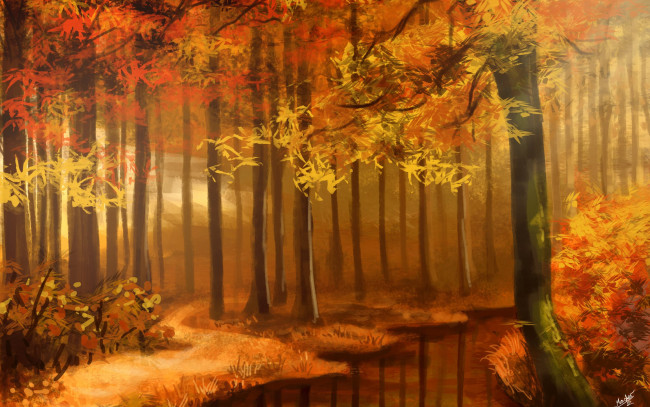 Обои картинки фото рисованное, живопись, река, осень, лес