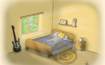 Картинка рисованное животные +коты гитара окно тумбочка цветок коврик кровать
