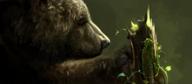 Обои картинки фото рисованное, животные,  медведи, растение, анфас