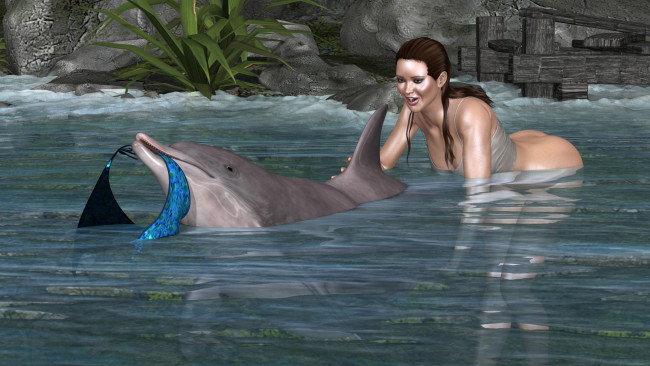 Обои картинки фото 3д графика, люди и животные , people and animals, девушка, взгляд, фон, дельфин, море