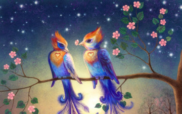Картинка рисованное животные +сказочные +мифические птицы пара ветка цветение