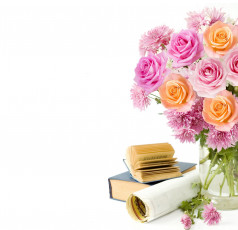 Картинка праздничные день знаний букет учебники книги хризантемы розы