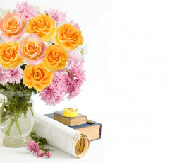 Картинка праздничные день знаний хризантемы розы карандаш книги точилка